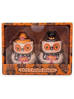 Johanna Parker Thanksgiving Owl Salt Pepper Shakers Witch Pilgrim Hats NIB